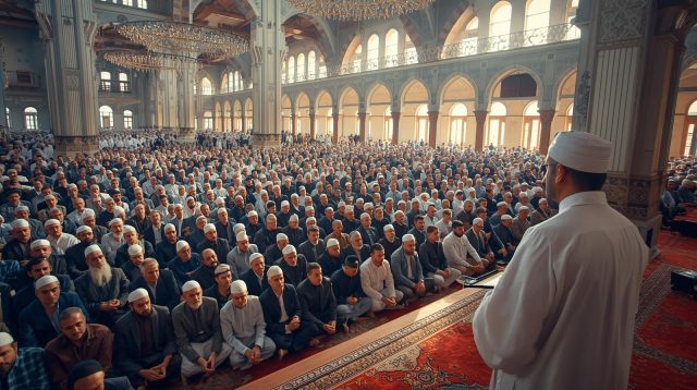 juma day. scene of a holy mosque, imam saying khutba and thousands of muslims listening