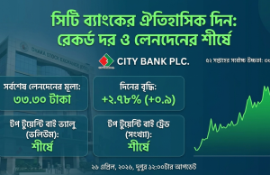 সিটি ব্যাংকের শেয়ার দরে রেকর্ড উল্লম্ফন: ৫২ সপ্তাহের সর্বোচ্চ উচ্চতায় লেনদেন